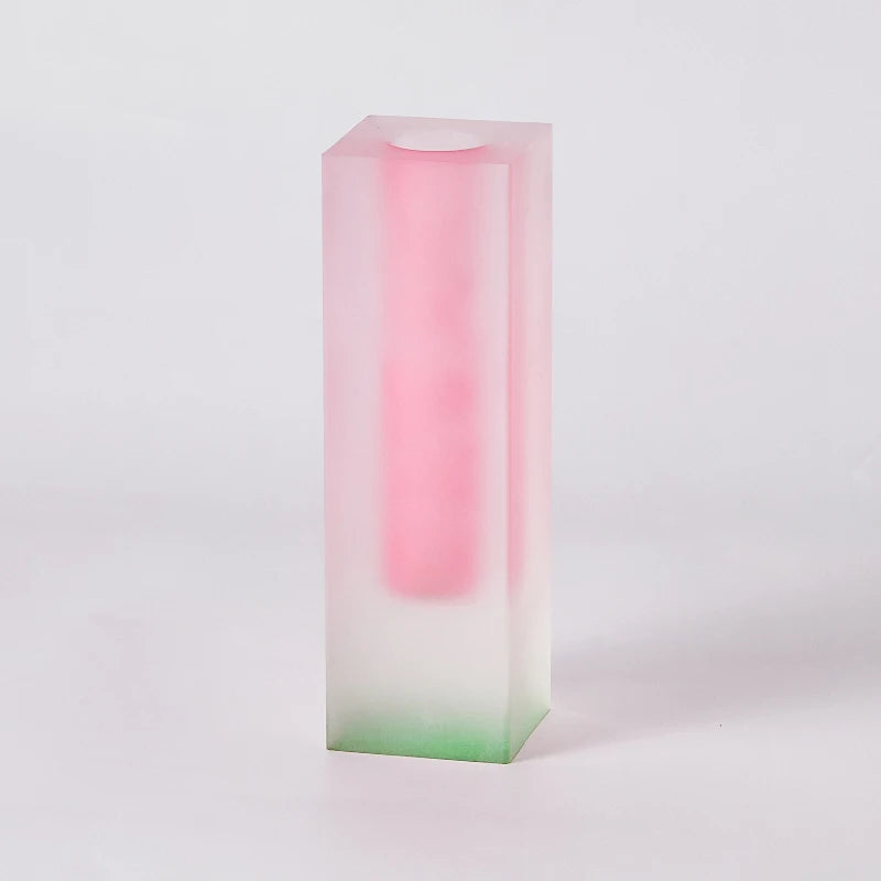Frosted acrylic pillar vase tall style with fresh pink tulip arrangement on desk