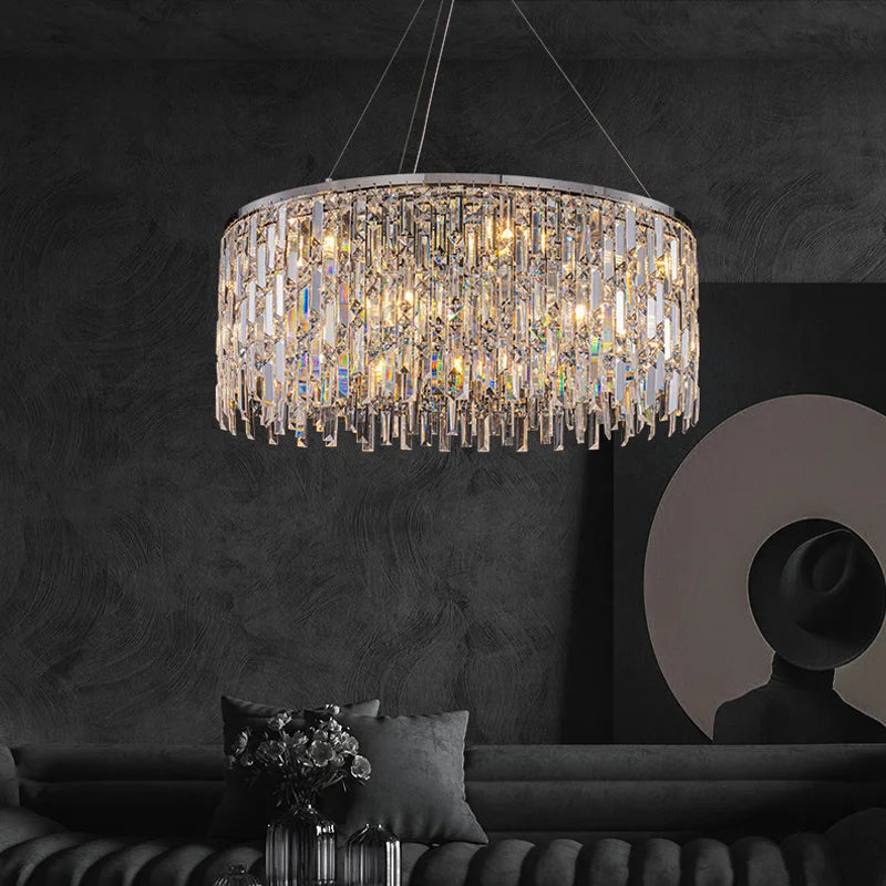 Crystal fill detail inside a polished stainless steel chandelier frame