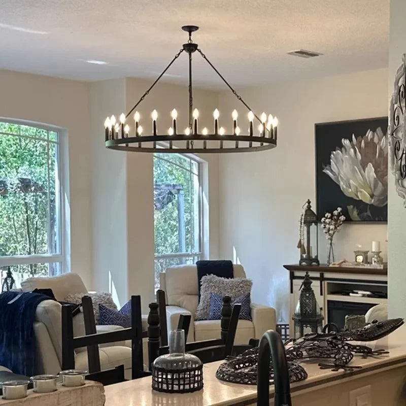 Wrought iron candle chandelier with painted black circular rings