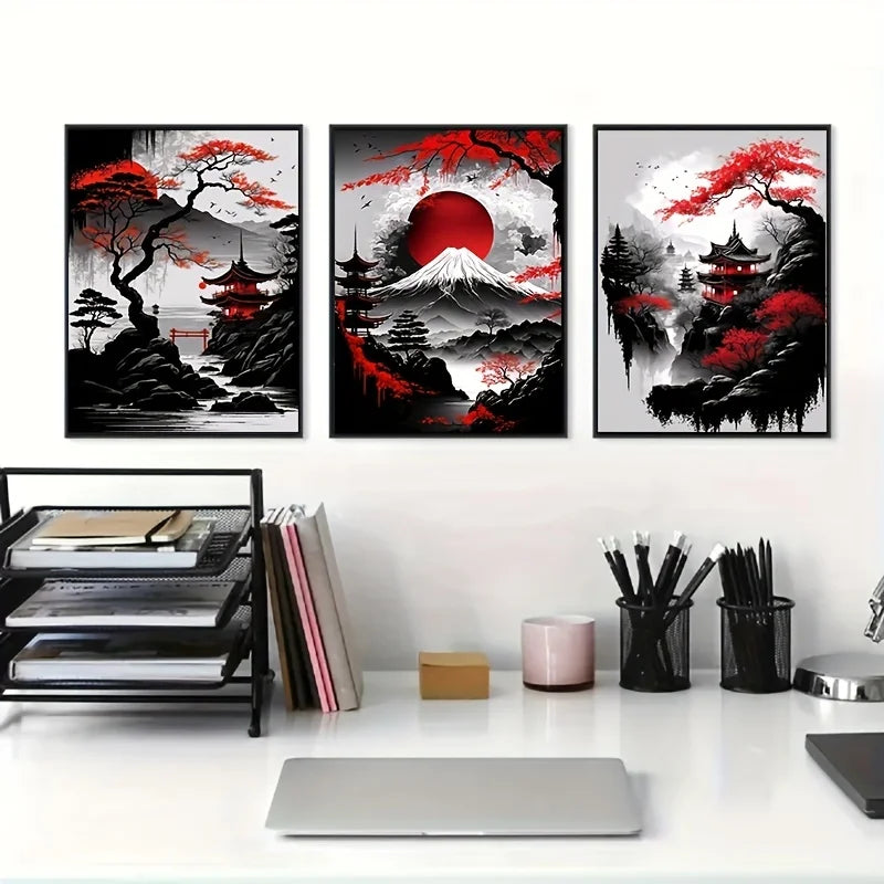 Japanese Ink Landscape 3-Piece Canvas Wall Art Set