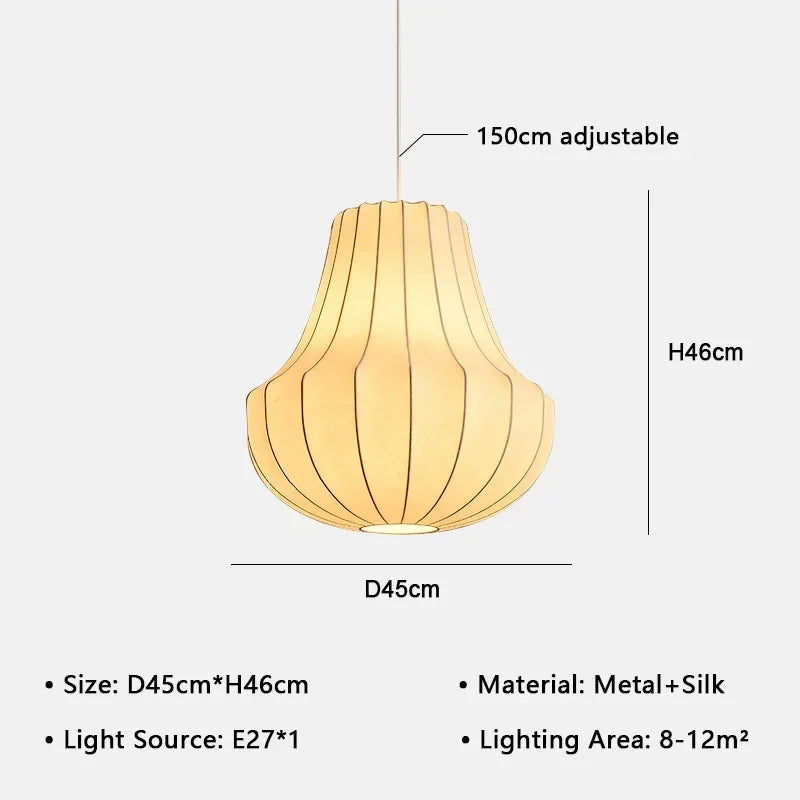 Silk chandelier shown lit in warm 3000K light through the weave