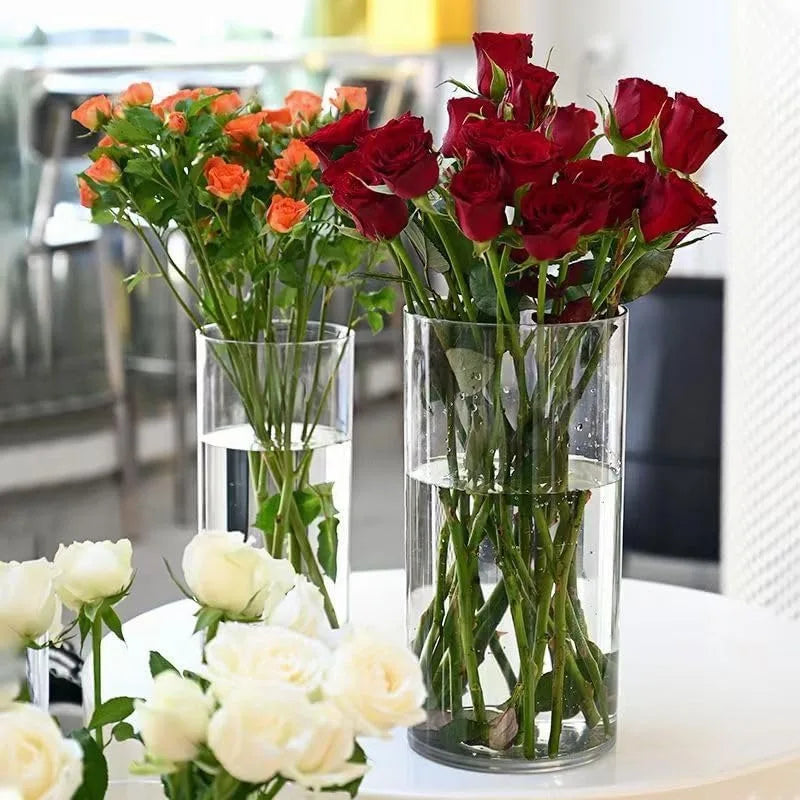 Acrylic cylinder vase with flower arrangement modern decor