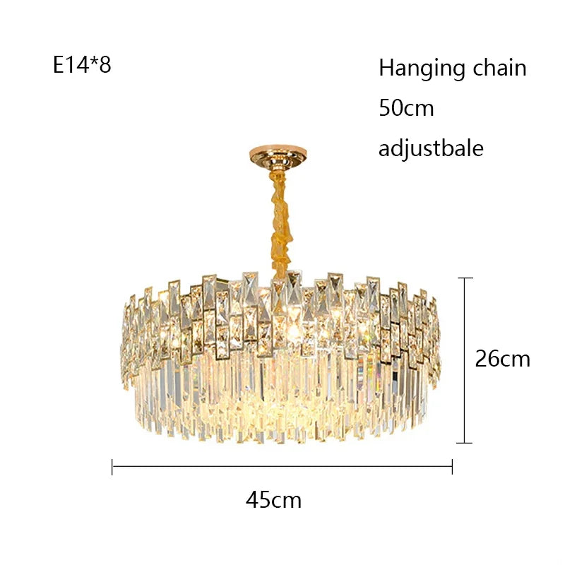 Oval crystal chandelier shown lit in warm white E14 LED light