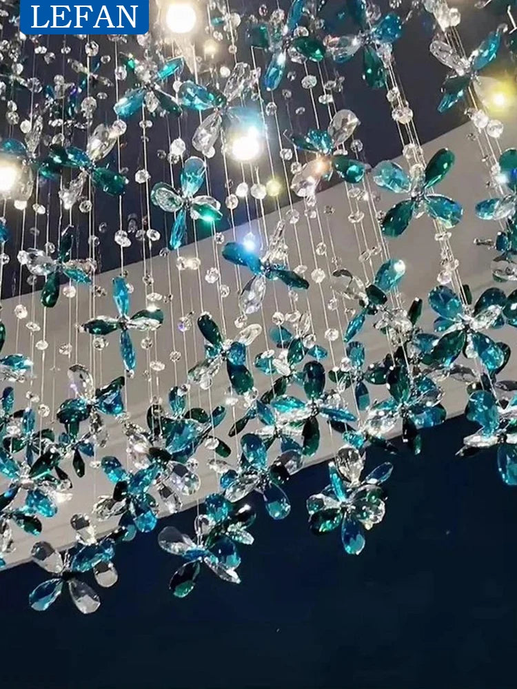 Crystal and forged iron frame detail on the oval chandelier