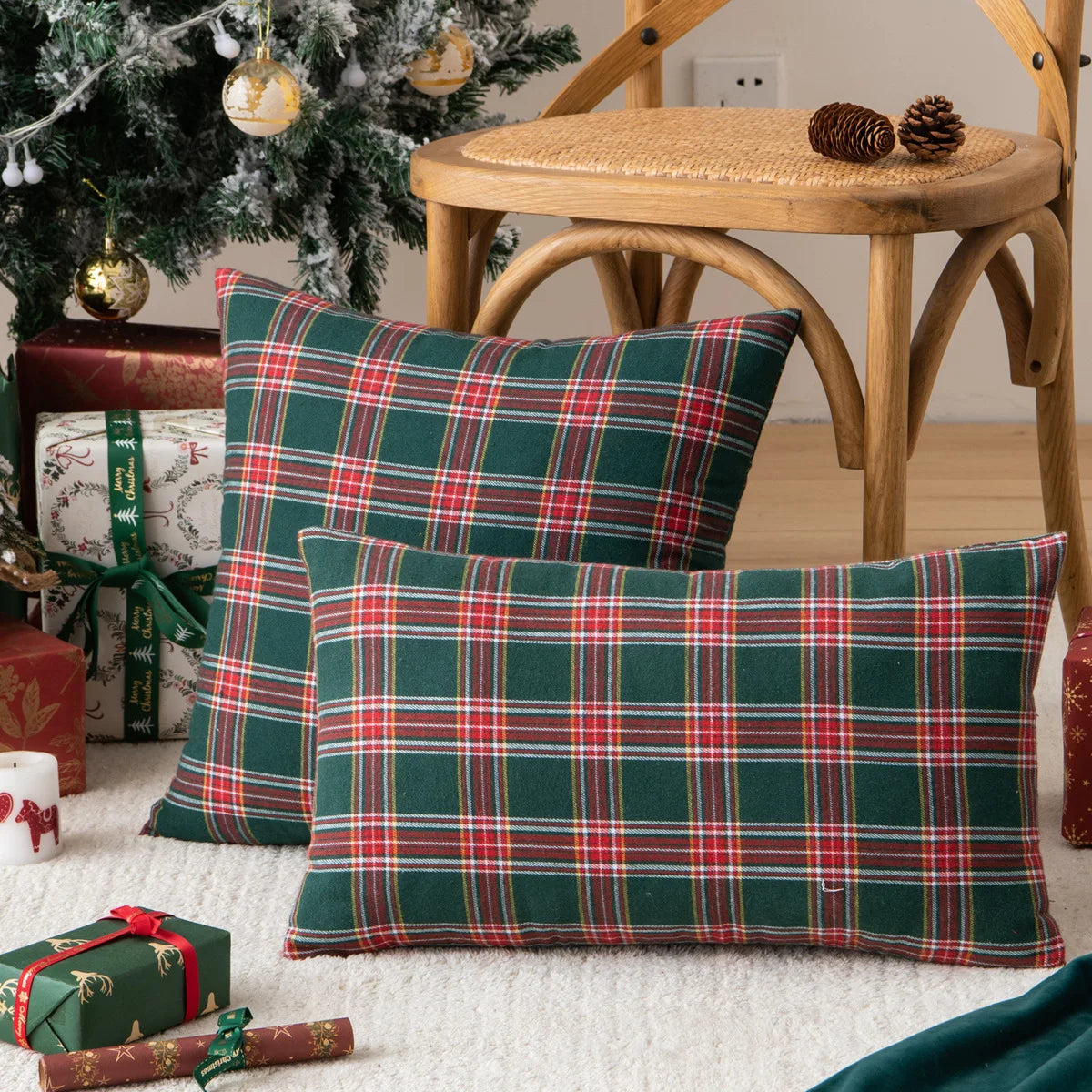 Christmas Plaid Throw Pillow Cover — styling detail