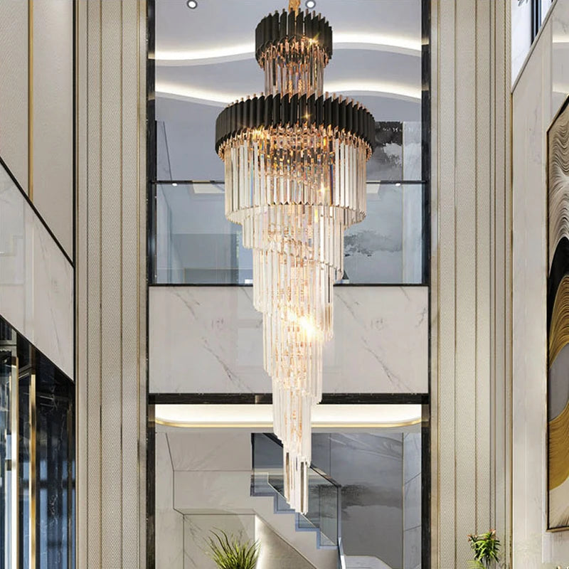 Layered crystal staircase chandelier with stacked tiers on a nickel frame