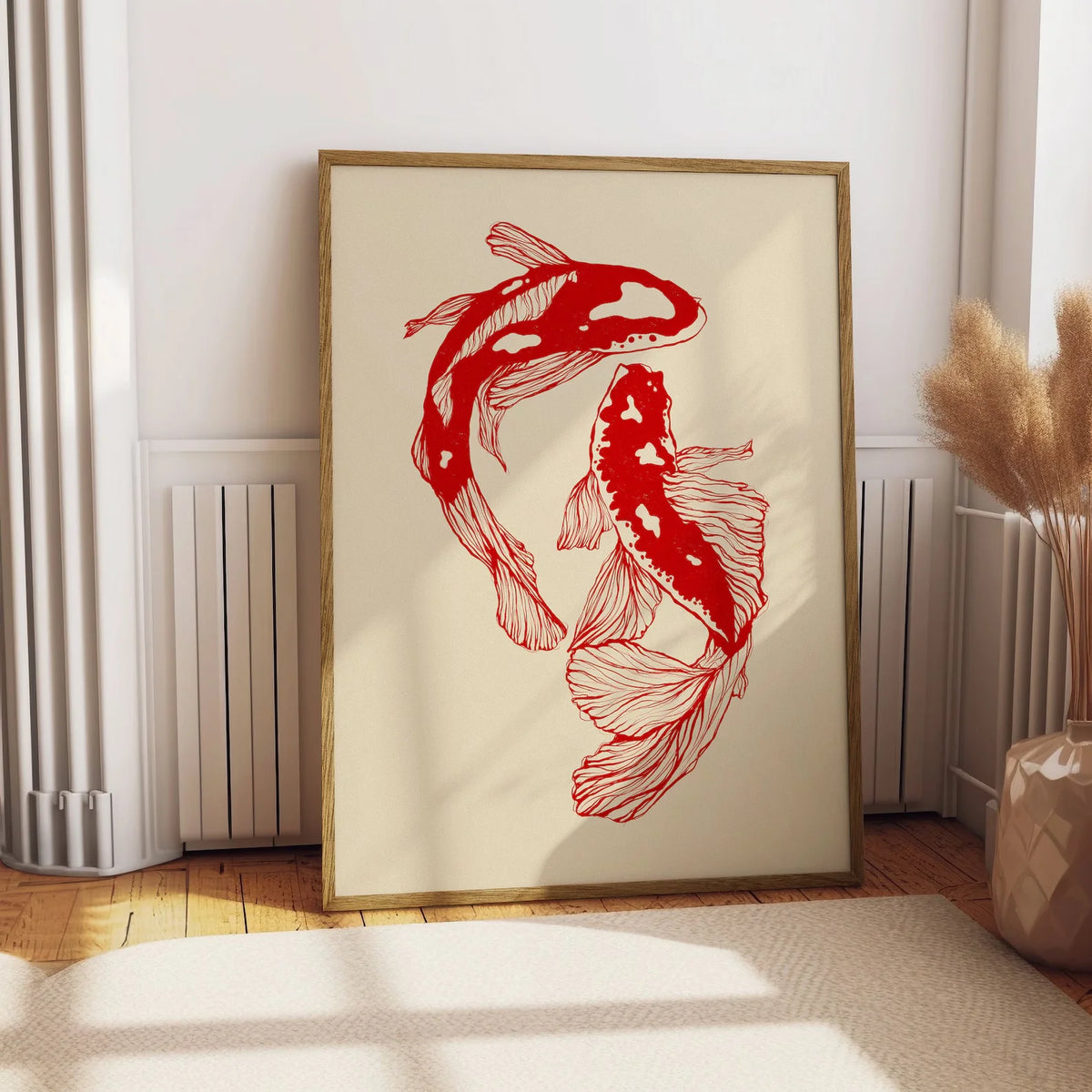 Japanese koi fish minimalist canvas wall art — multiple size comparison