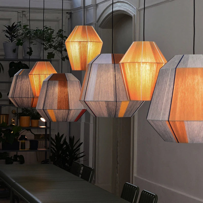 Woven rattan bamboo chandelier with a hand knitted lantern shade