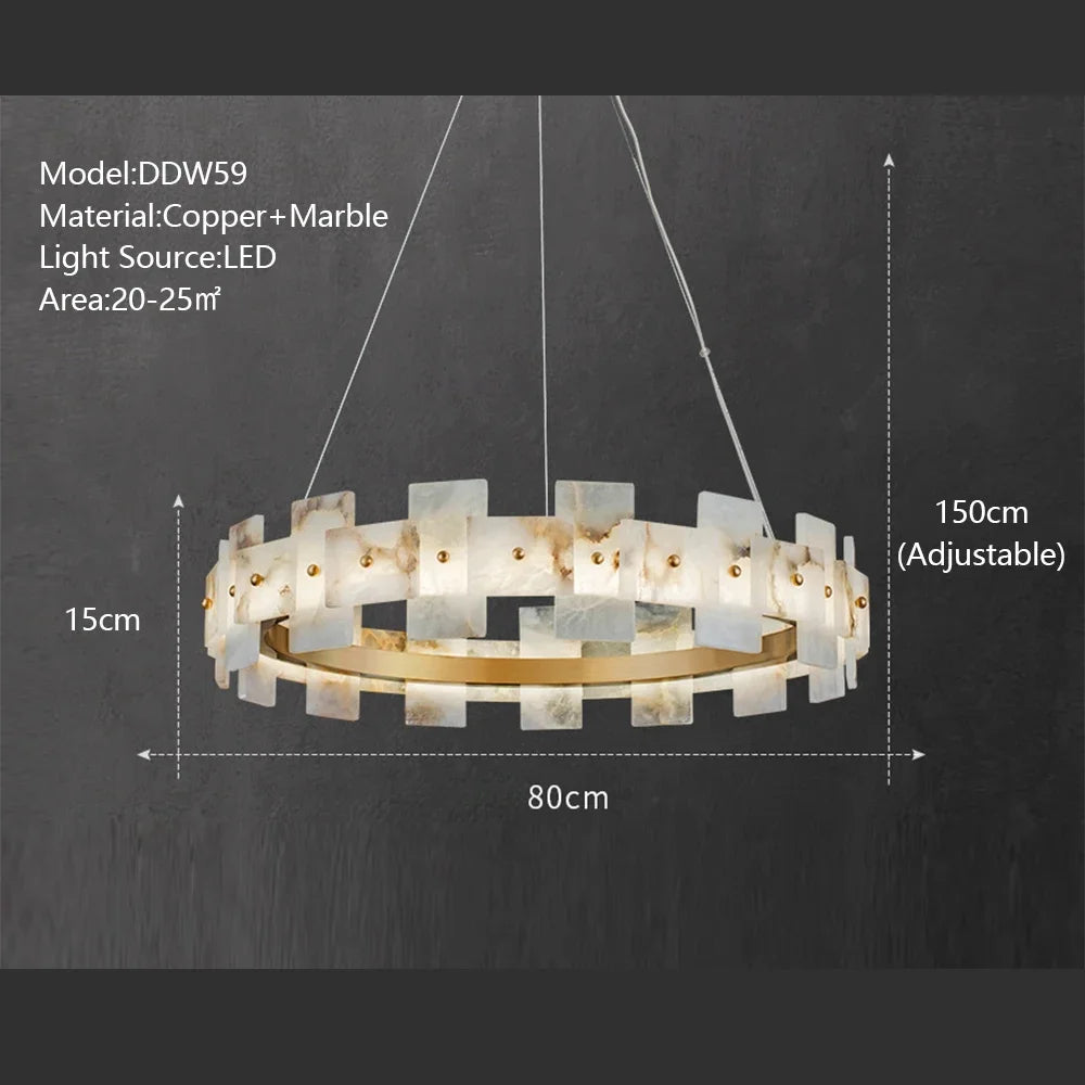Dimmable marble and copper chandelier with cold light output