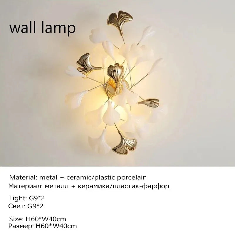 Ginkgo leaf wall lamp version with ceramic shade and gold metal arm
