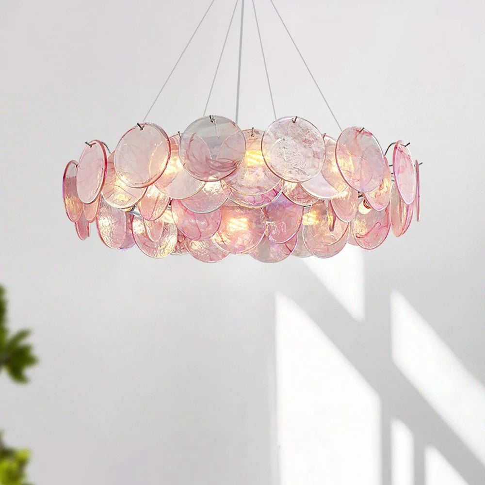 Green Murano style glass chandelier on a plated iron frame
