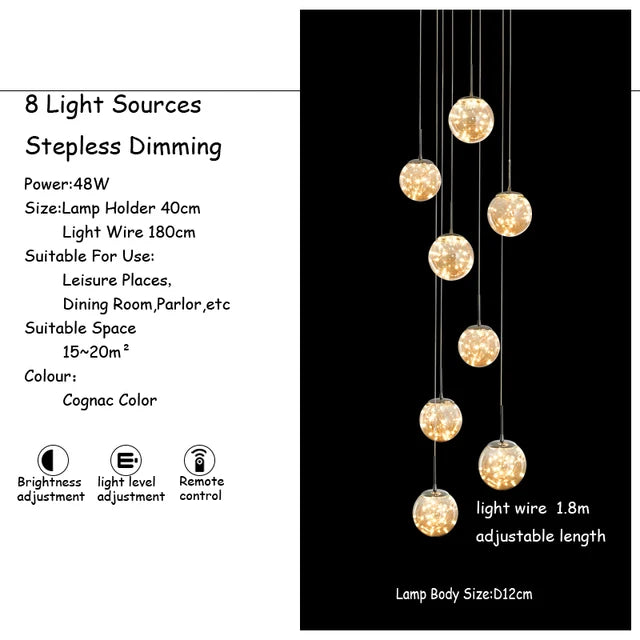 Transparent glass globe chandelier for loft and duplex stair openings