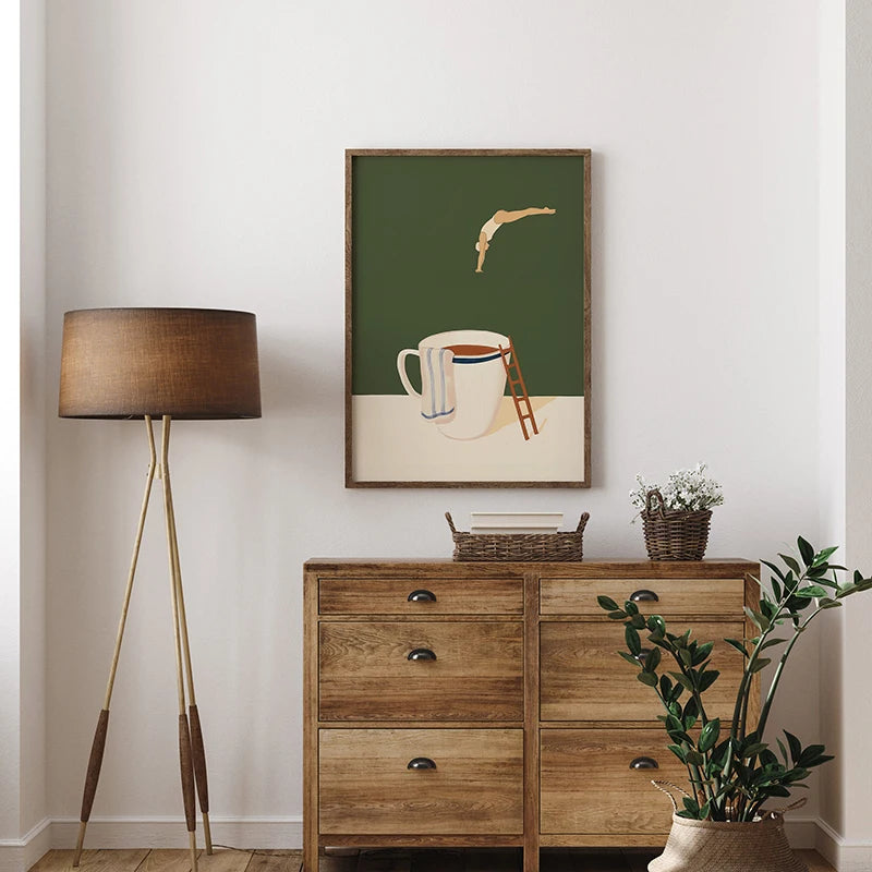 Coffee diver whimsical canvas wall art print — hung on living room wall
