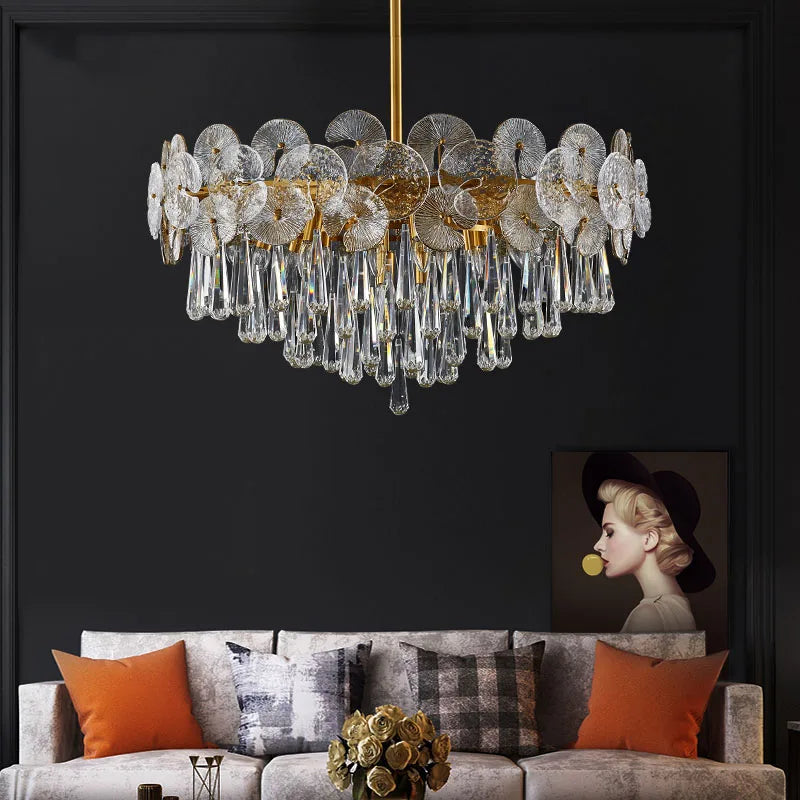 Layered crystal petals of a lotus chandelier lit in warm light