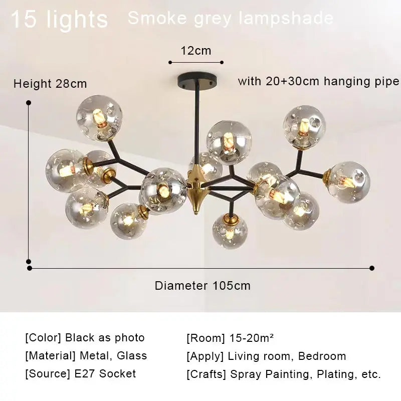 Smoke grey glass ball chandelier lit in cold white light
