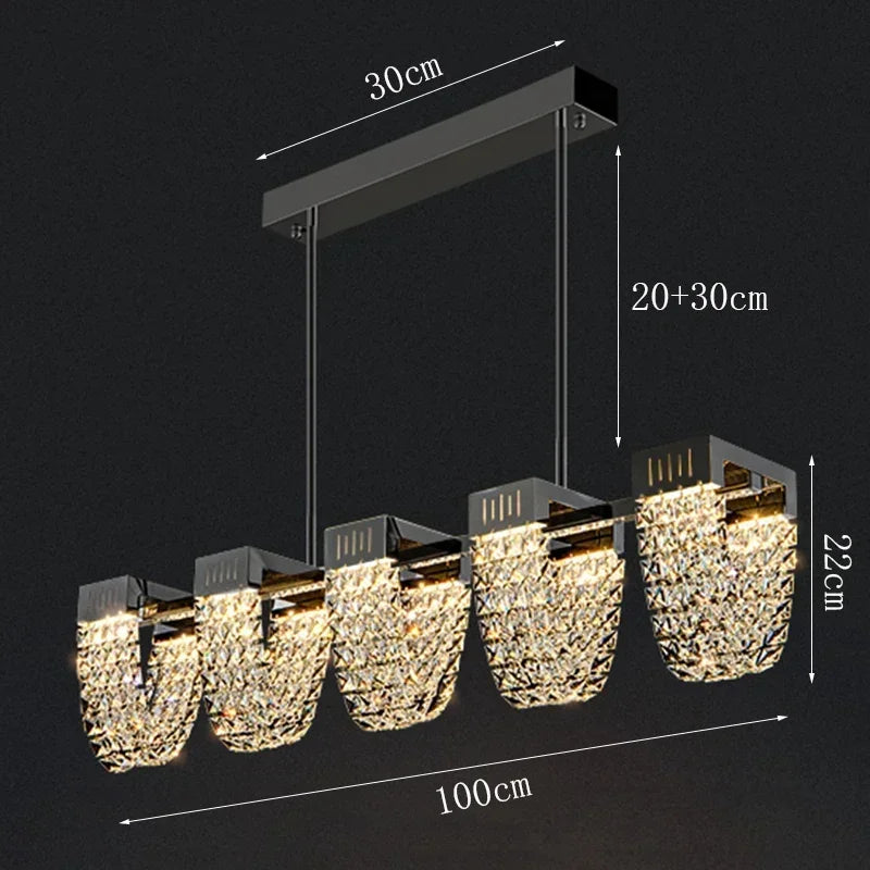 Linear silver crystal chandelier spanning 39.4 in (100 cm) long