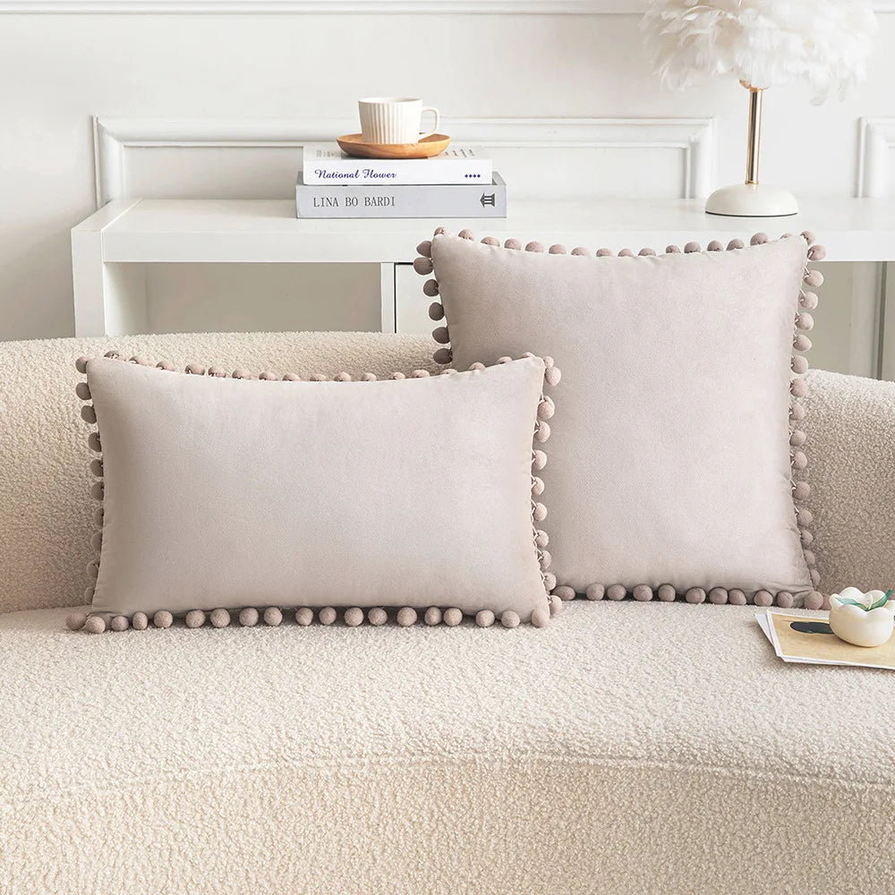 Velvet Pom-Pom Throw Pillow Cover