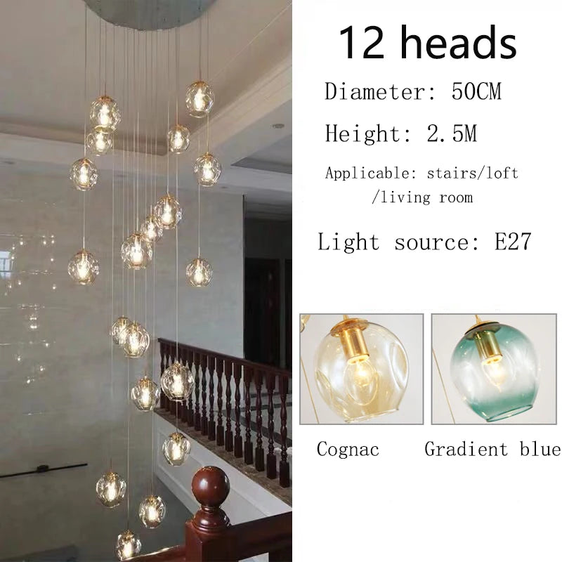 Spiral globe chandelier lit in warm white with E27 LED bulbs