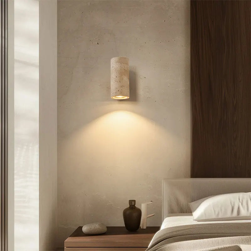 travertine stone outdoor wall sconce, close-up of shade and hardware detail