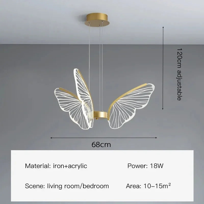 Cool white light across the acrylic butterflies of a chandelier