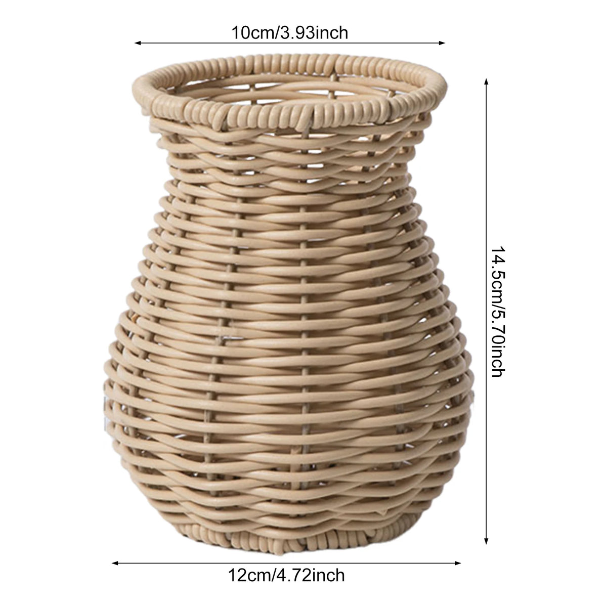 Side profile of handwoven woven rattan-effect vase showing natural textured silhouette