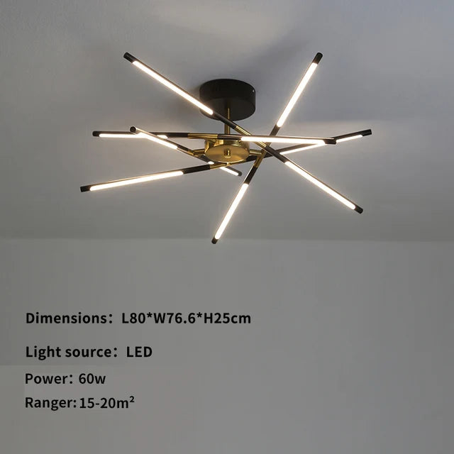 Black and gold chandelier with eight heads and cold white light