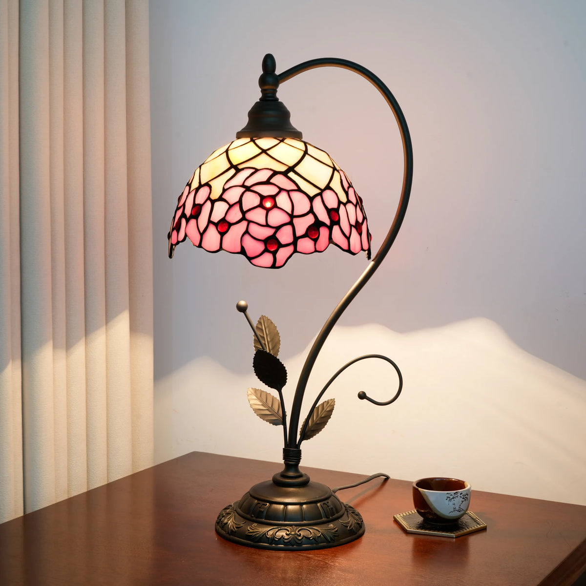 Maple leaf stained glass lamp switched off showing unlit glass texture