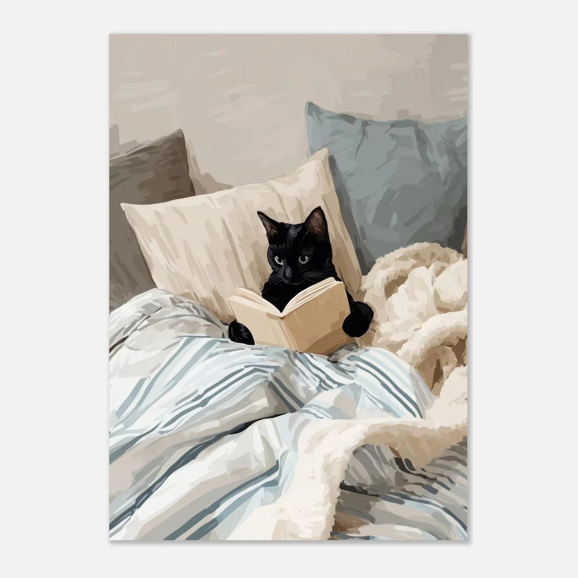 Black Cat Reading Cosy Bedroom Canvas Wall Art