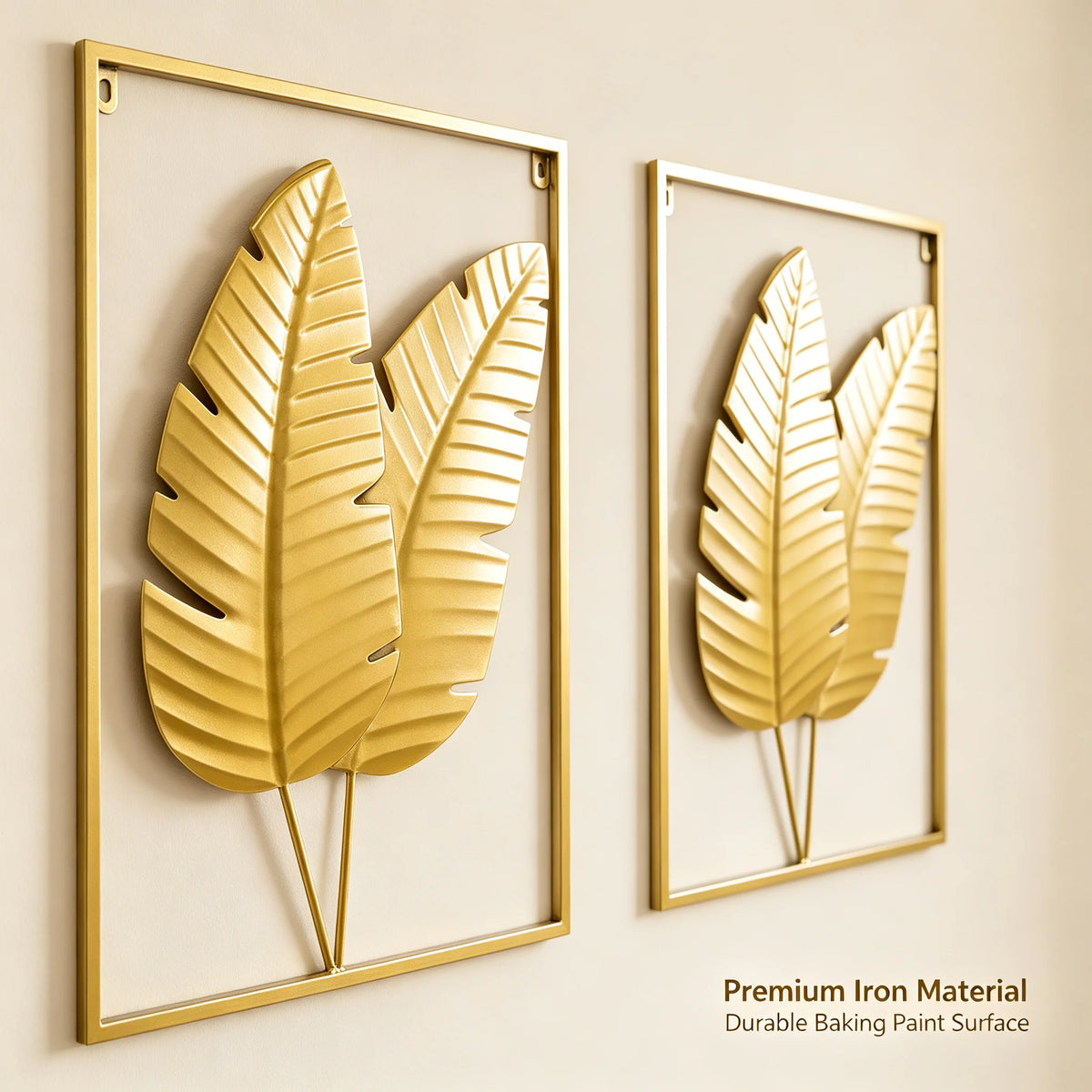 Gold metal botanical leaf wall decor sculpture — displayed in bedroom setting