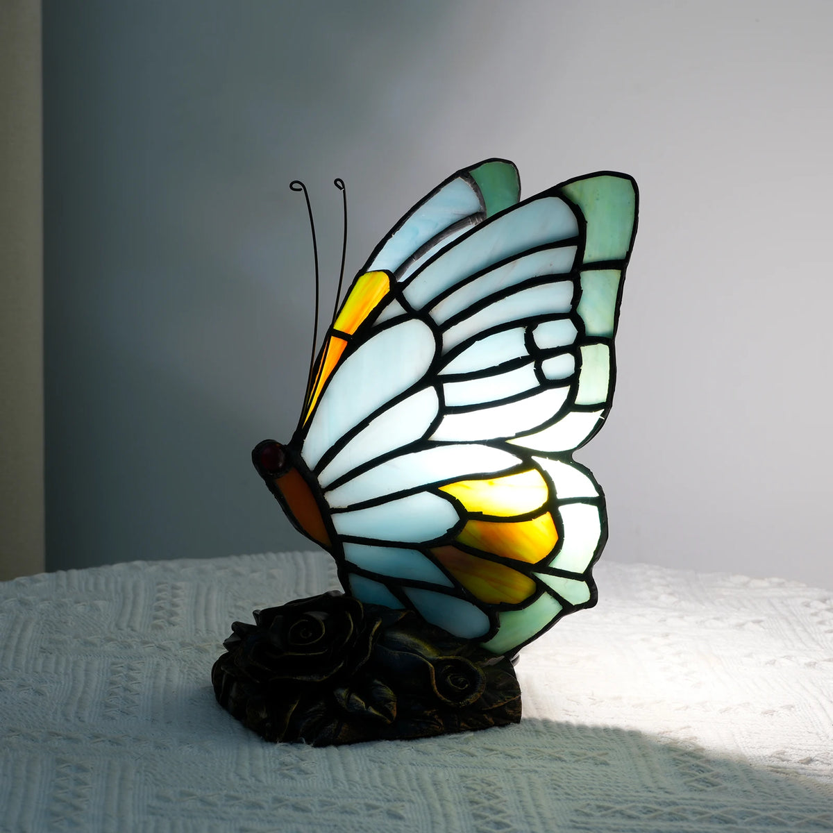 Sky blue butterfly lamp shade close-up hand-assembled glass wings