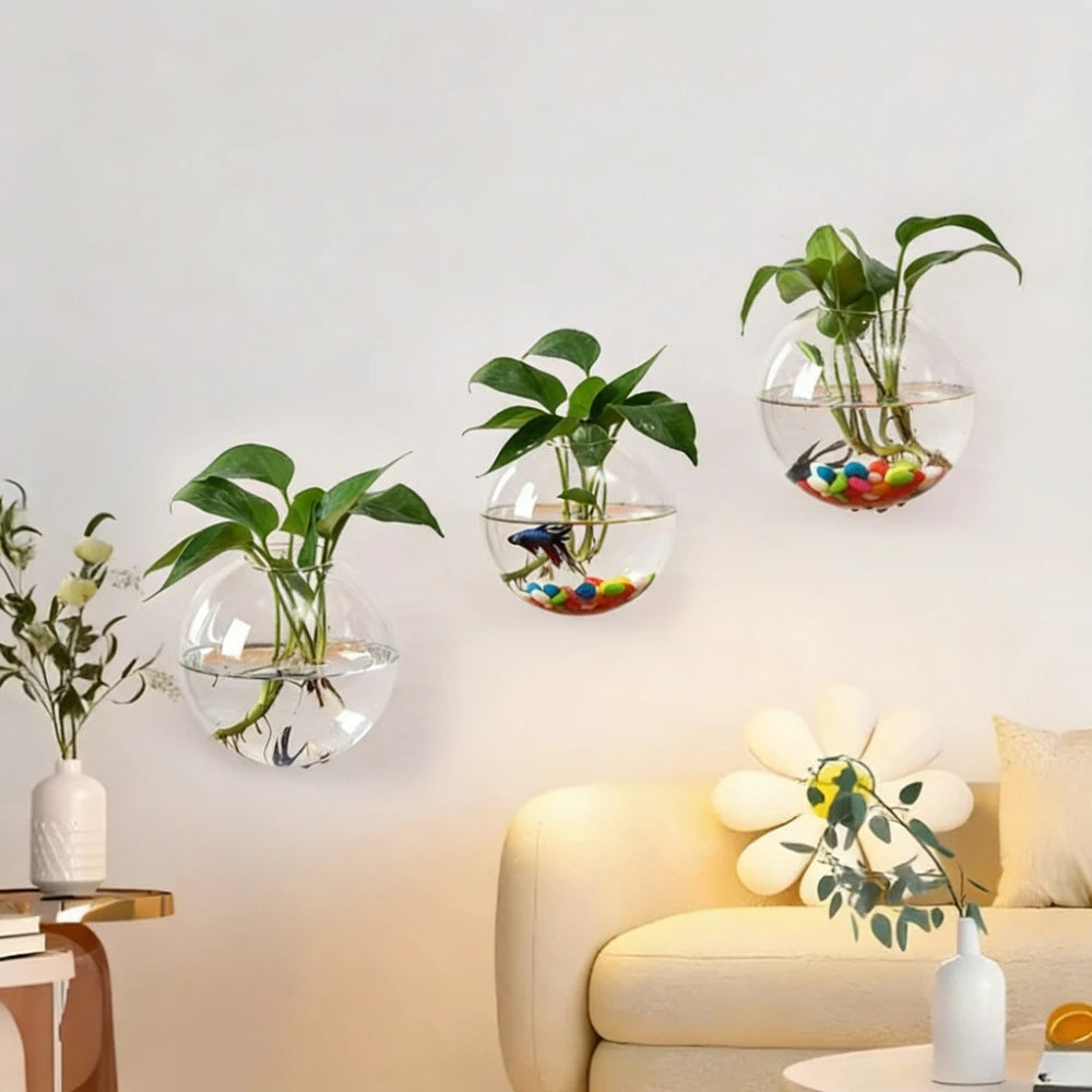 Nordic spherical glass wall vase with fresh greenery on Scandi feature wall