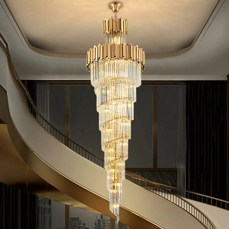 Long crystal staircase chandelier with stacked layers of crystal strands