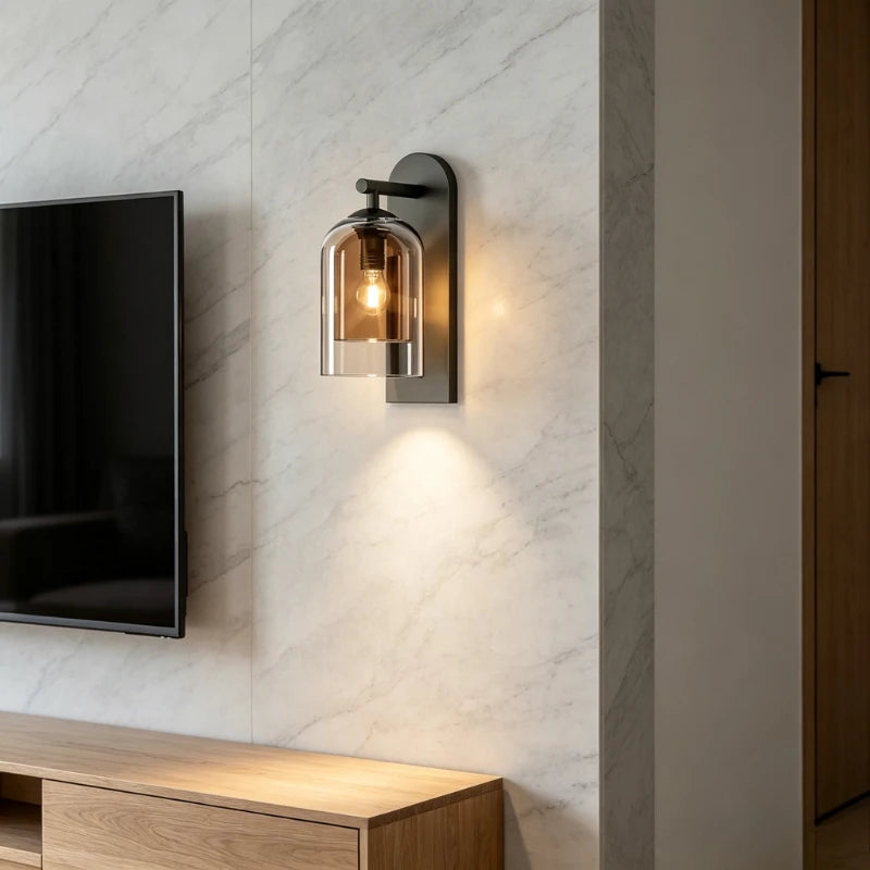 glass bathroom wall sconce, side profile showing mounting depth