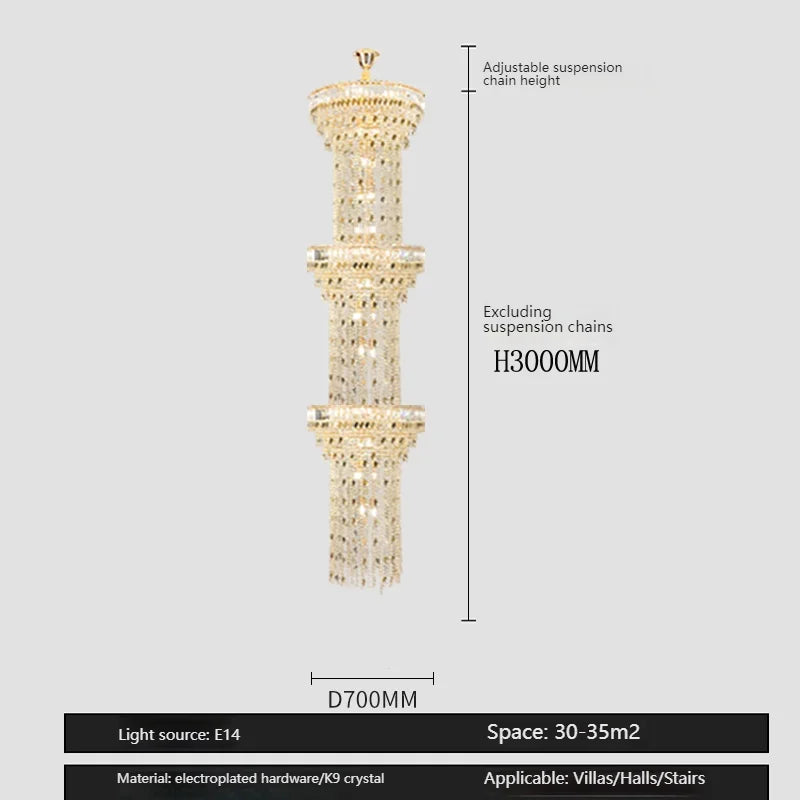 Long spiral crystal chandelier with cold light for a restaurant void
