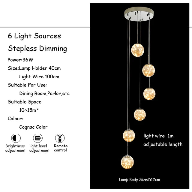 Eight globe glass chandelier at 15.7 in diameter for stair landings
