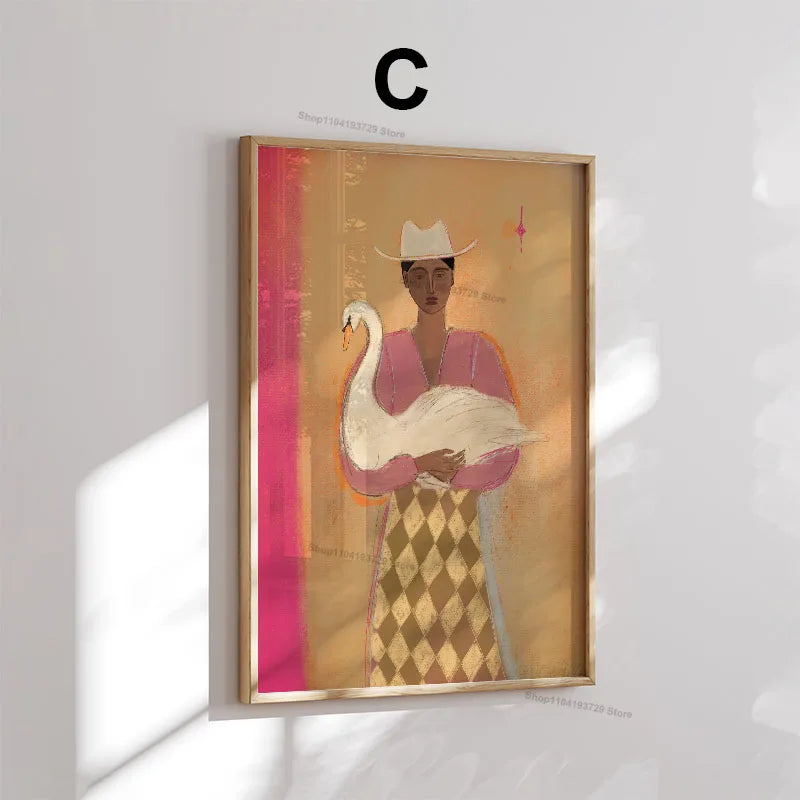 Fashion Girl Abstract Dog Flower Canvas Wall Art