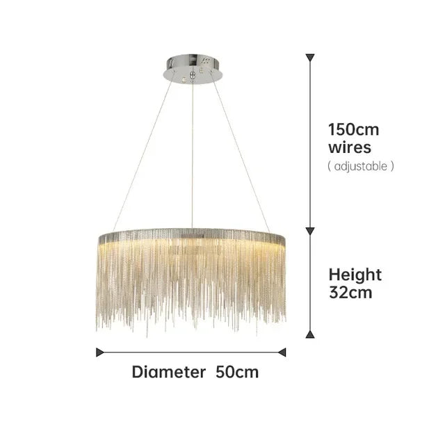 Aluminum chain chandelier, 23.6 inch round, in silver on an iron frame