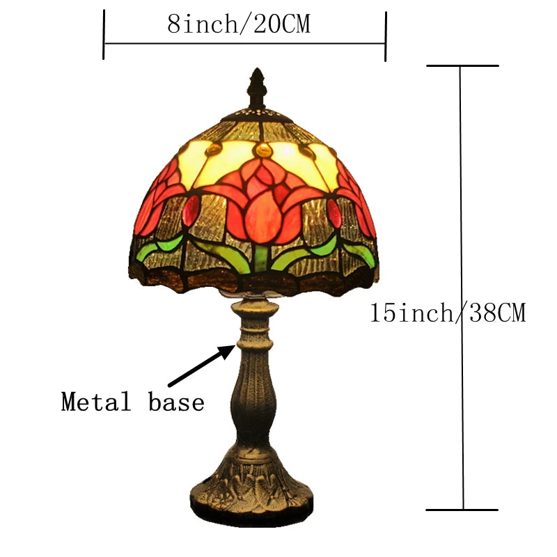 American Tiffany tulip lamp glowing warm in living room corner setting