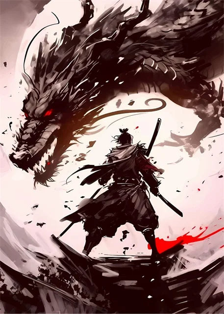 Japanese Samurai Warrior Abstract Canvas Wall Art