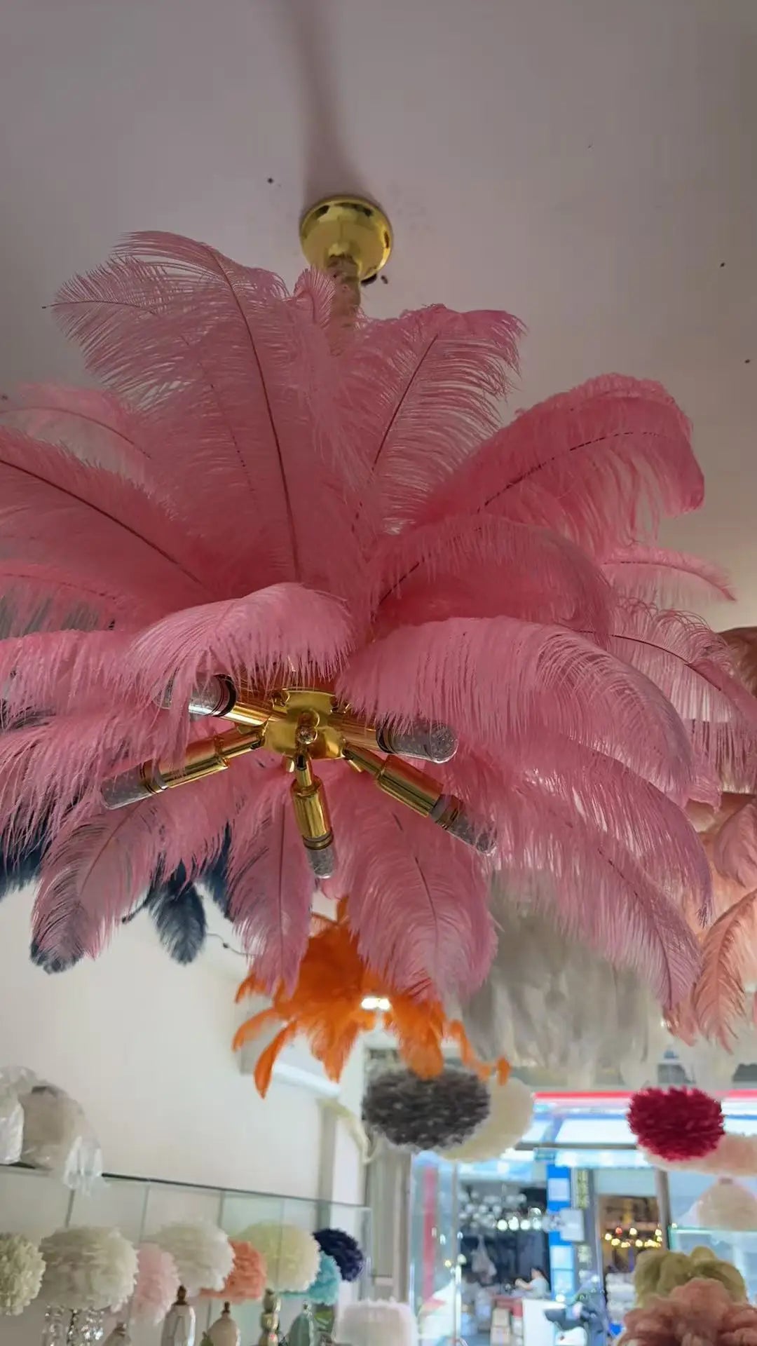 Blue feather chandelier at 39.4 in across with knob switch control