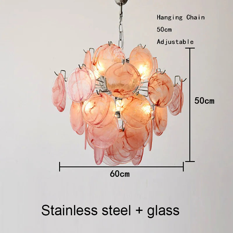 Purple glass disc chandelier, 25.6 inches wide, in silver metal