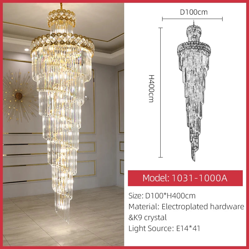 Crystal chandelier, 31.5 in across and 102.4 in long, in white light