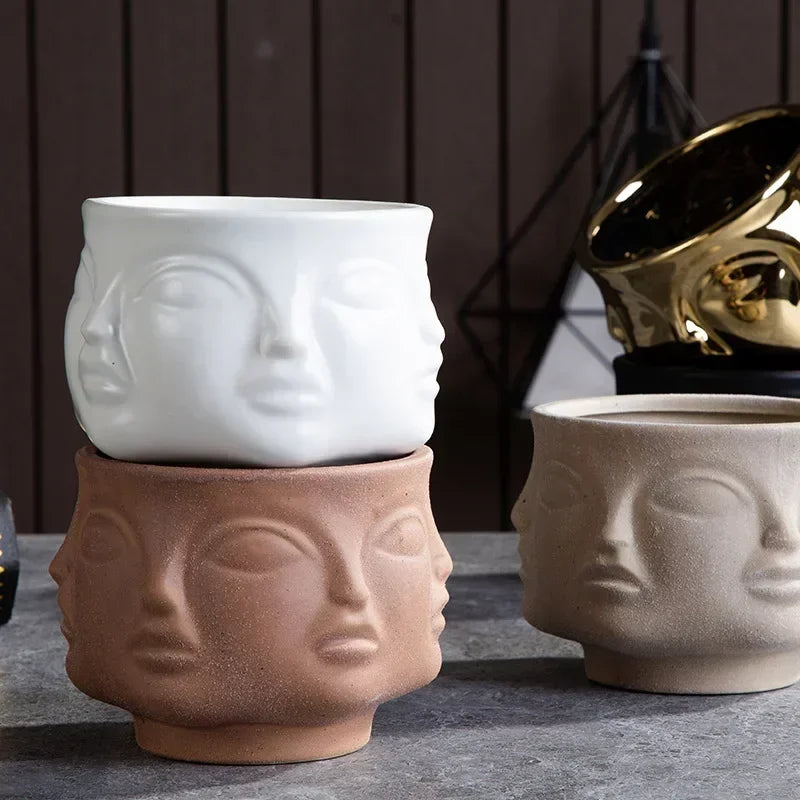 Ceramic human face sculpture vase handmade art flower arrangement