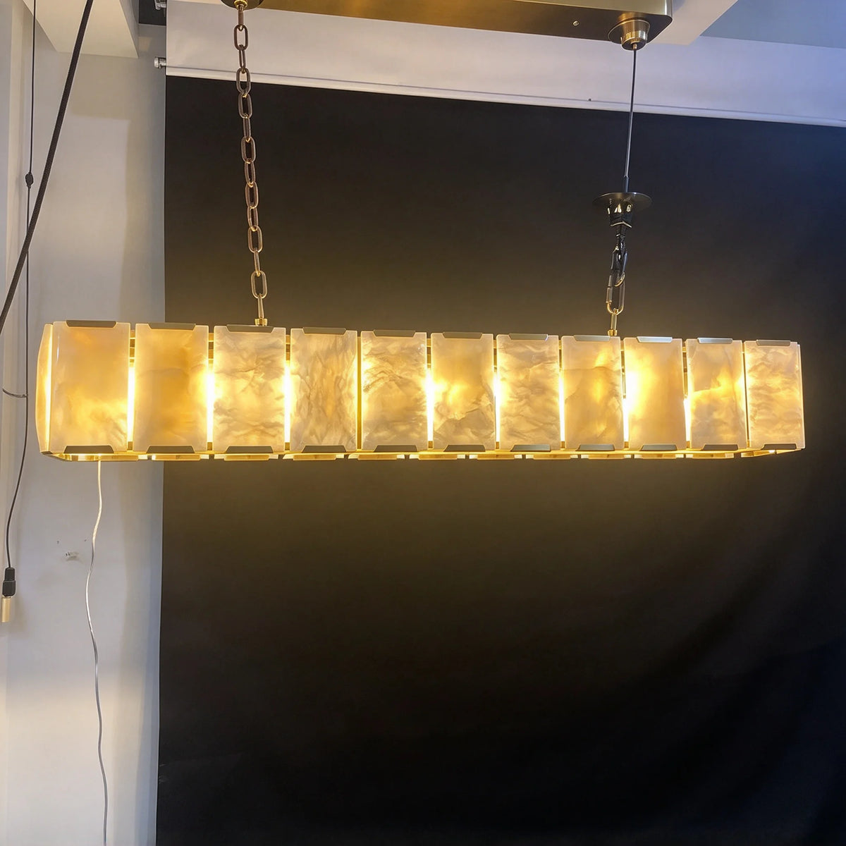Rectangular chandelier 59.1 in long with gold stainless steel framing