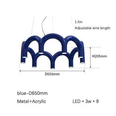 Designer arch tube chandelier in orange with G9 bulb sockets