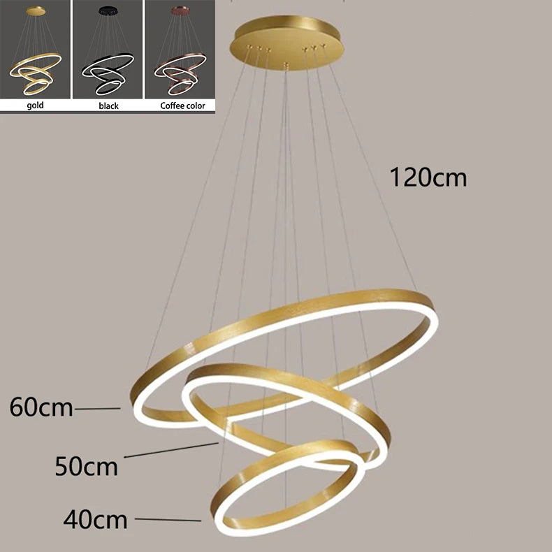 Gold ring chandelier with seven acrylic rings for double height halls