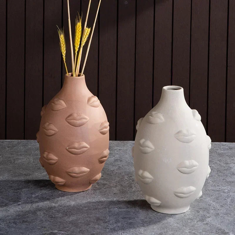 Ceramic human face sculpture vase handmade art flower arrangement