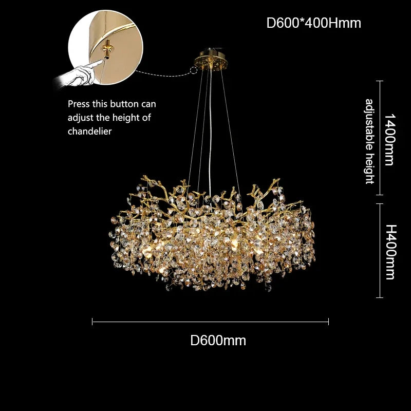 Large 29.9 inch round crystal chandelier in gold for a formal dining room