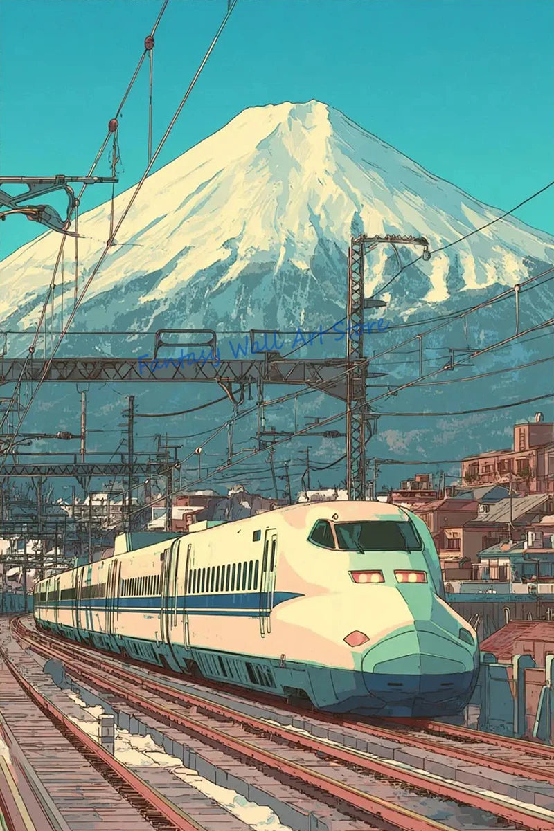 Vintage Japanese Railway Landscape Canvas Wall Art