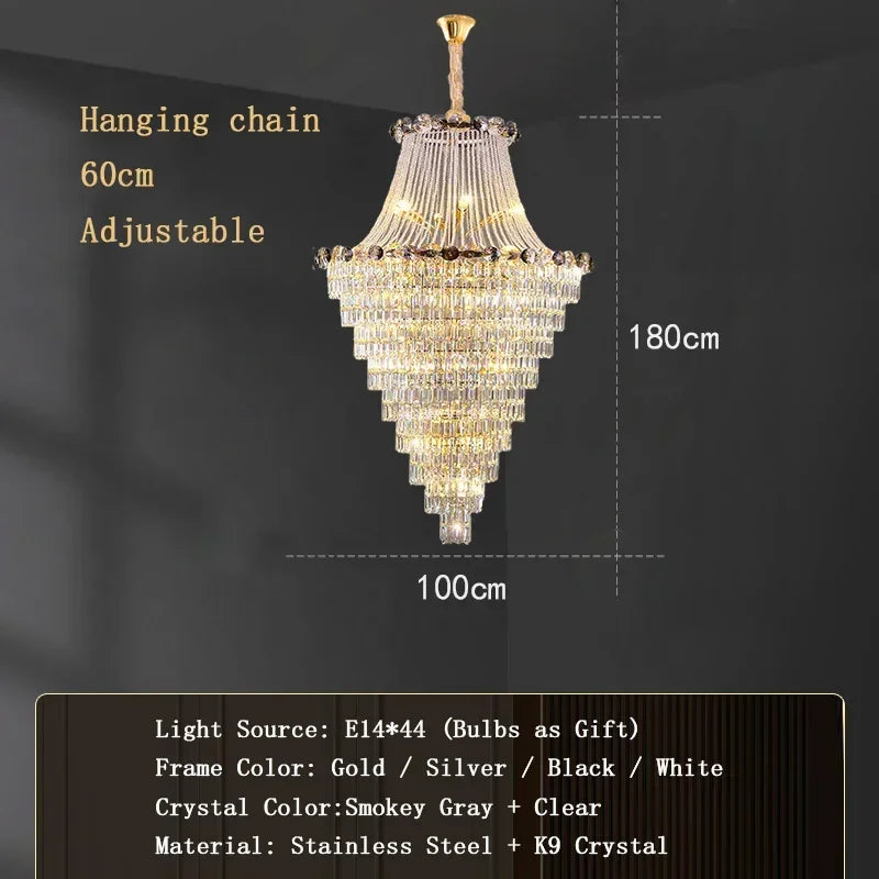 Linear gold crystal chandelier spanning 33.5 in (85 cm) long